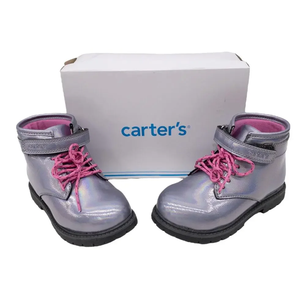Carter's Girls Banja Lace Up Hiking Combat Boots Toddler 12 Silver Pink